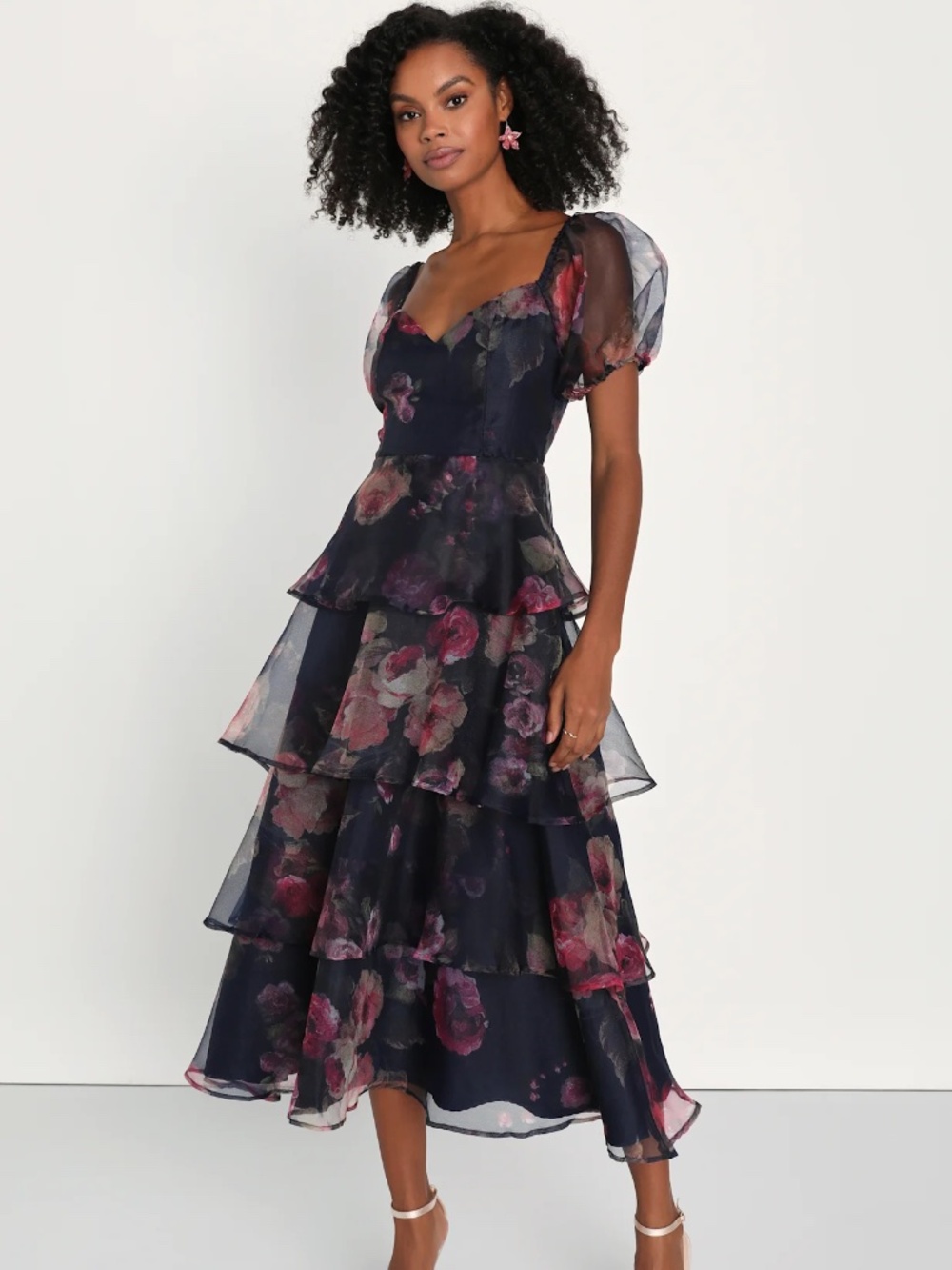 Oh-So Stunning Navy Blue Floral Organza Tiered Midi Dress